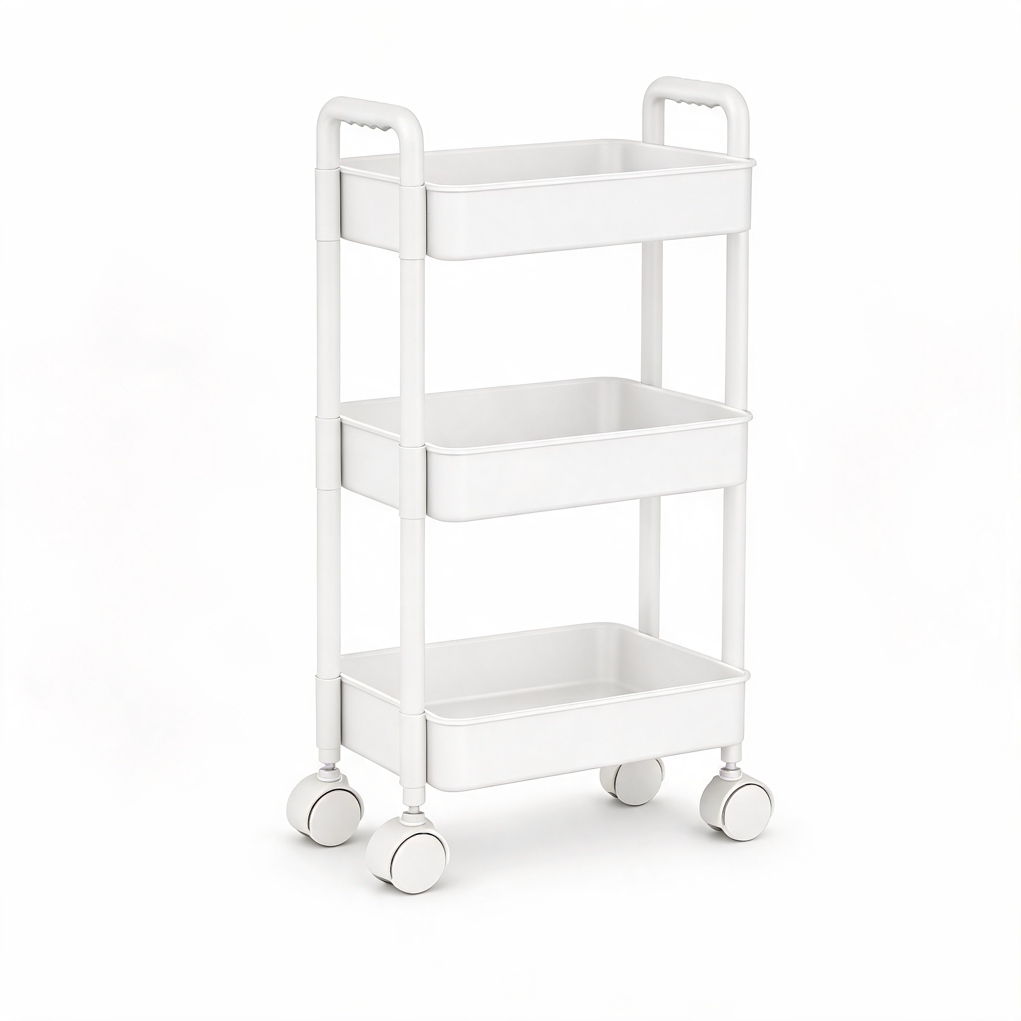White 3-tier rolling storage cart with four caster wheels on a white background